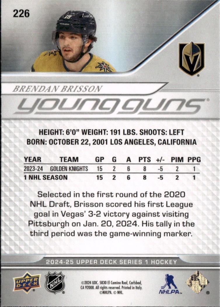 2024-25 Upper Deck 1 Series Hockey Base Young Guns #226 – Brendan Brisson (Vegas Golden Knights)