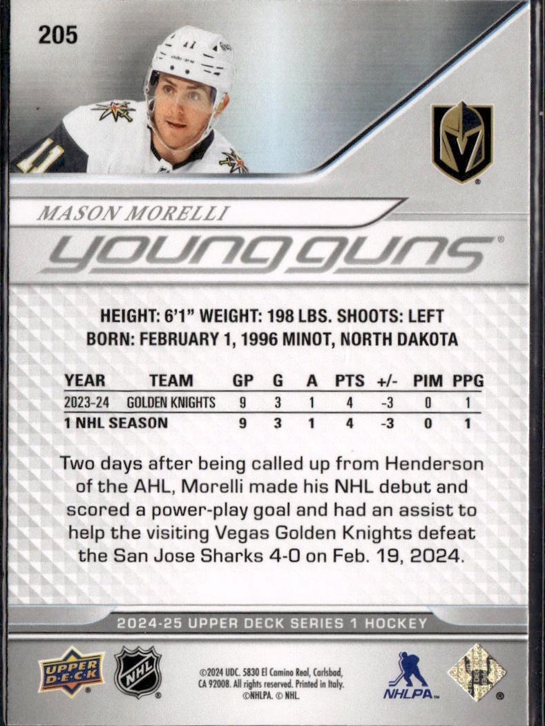 2024-25 Upper Deck Series 1 Hockey Base Young Guns #205 – Mason Morelli (Vegas Golden Knights)
