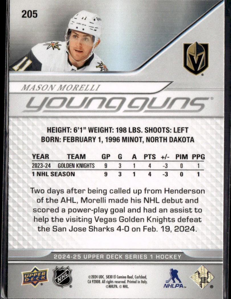 2024-25 Upper Deck Series 1 Hockey Base Young Guns #205 – Mason Morelli (Vegas Golden Knights)