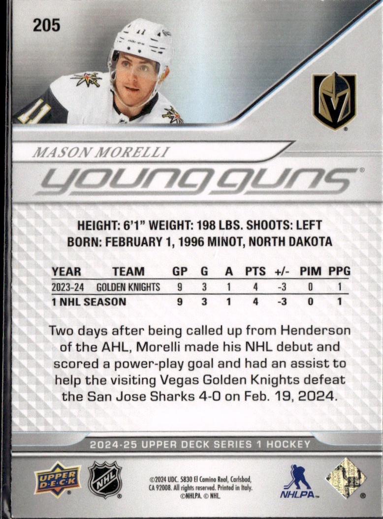 2024-25 Upper Deck Series 1 Hockey Base Young Guns #205 – Mason Morelli (Vegas Golden Knights)