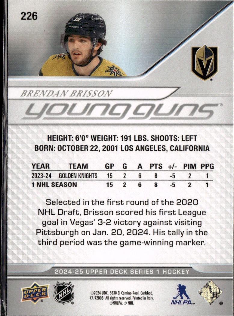 2024-25 Upper Deck Series 1 Hockey Base Young Guns #226 – Brendan Brisson (Vegas Golden Knights)