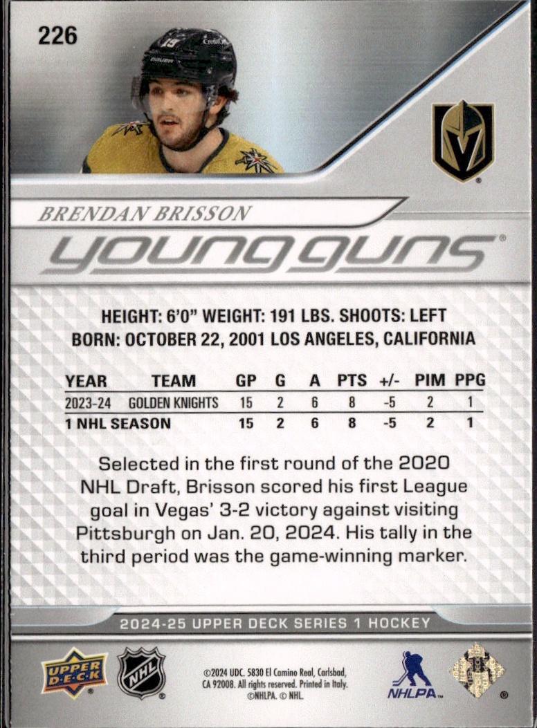 2024-25 Upper Deck Series 1 Hockey Base Young Guns #226 – Brendan Brisson (Vegas Golden Knights)