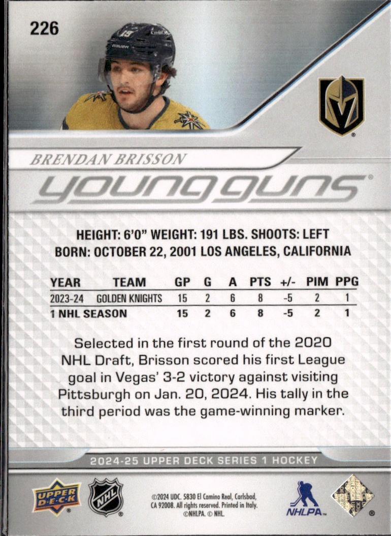 2024-25 Upper Deck Series 1 Hockey Base Young Guns #226 – Brendan Brisson (Vegas Golden Knights)