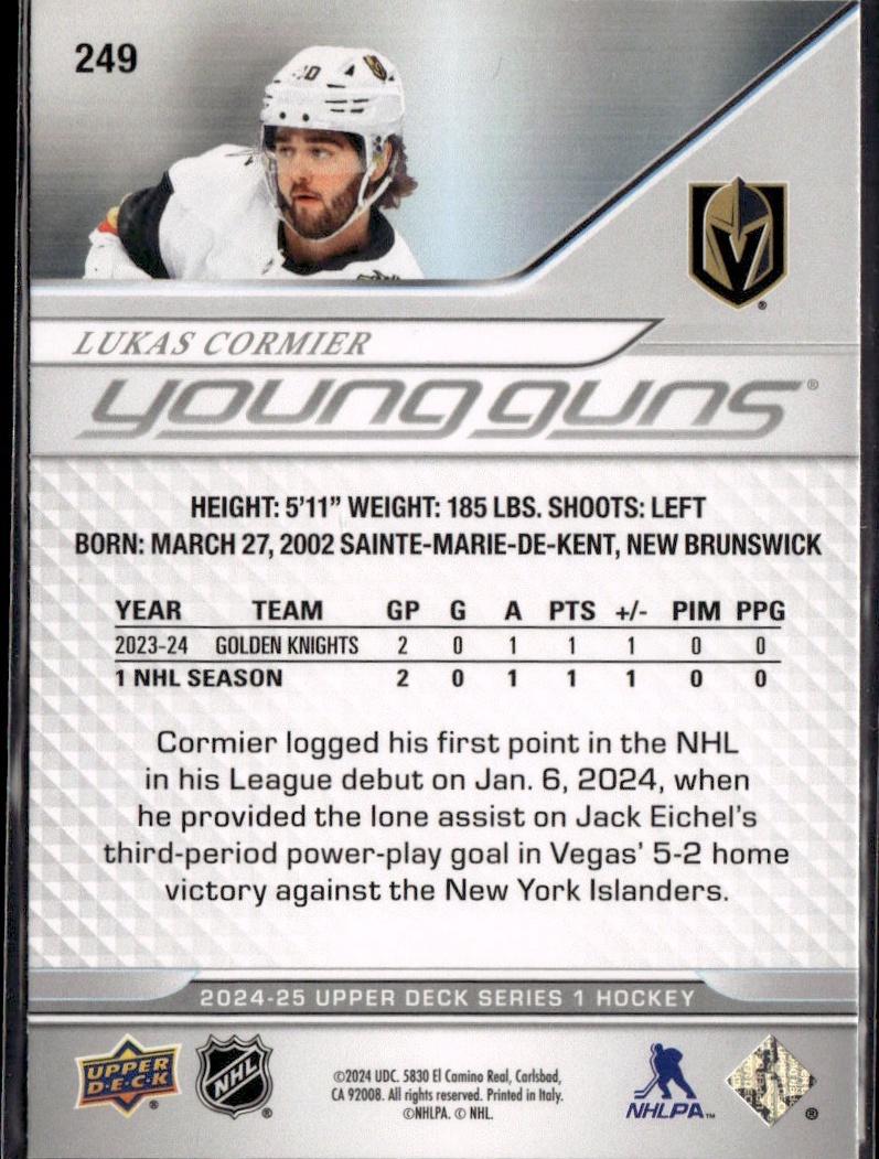 2024-25 Upper Deck Series 1 Hockey Base Young Guns #249 – Lukas Cormier (Vegas Golden Knights)