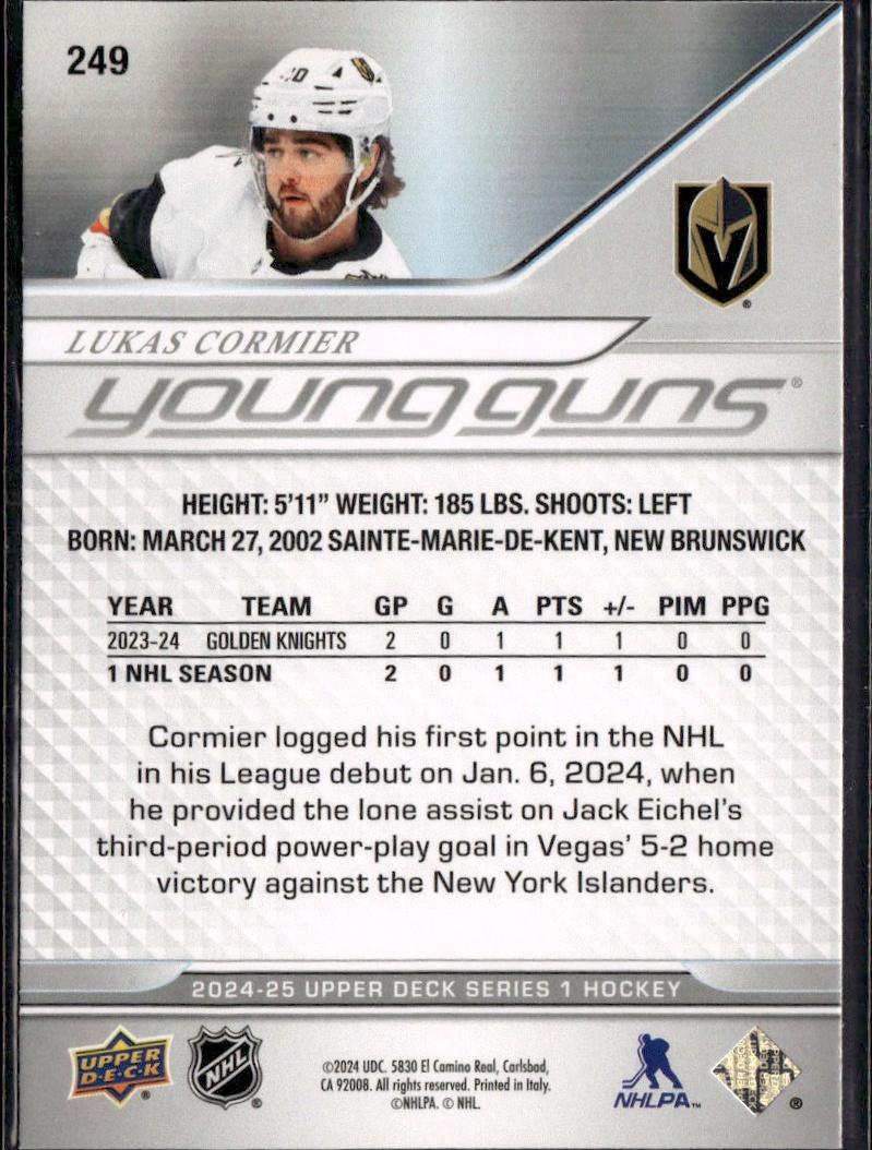 2024-25 Upper Deck Series 1 Hockey Base Young Guns #249 – Lukas Cormier (Vegas Golden Knights)