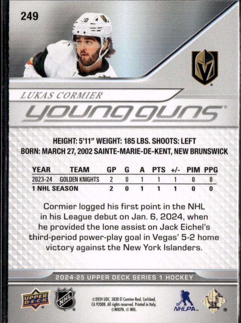 2024-25 Upper Deck Series 1 Hockey Base Young Guns #249 – Lukas Cormier (Vegas Golden Knights)