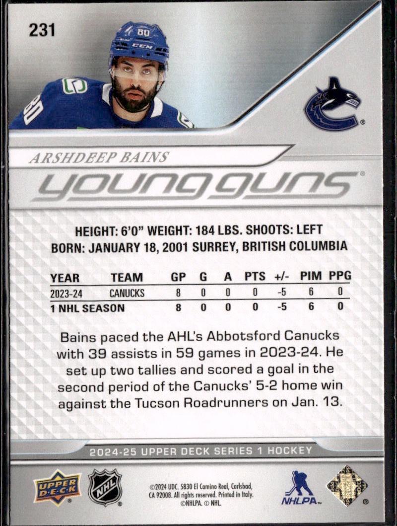 2024-25 Upper Deck Series 1 Hockey Base Young Guns #231 – Arshdeep Bains (Vancouver Canucks)