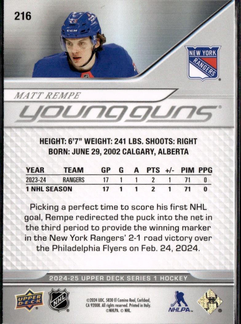 2024-25 Upper Deck Series 1 Hockey Base Young Guns #216 – Matt Rempe (New York Rangers)