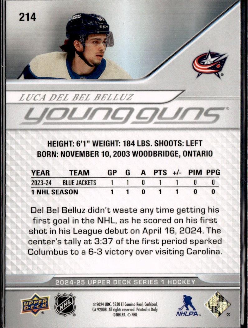 2024-25 Upper Deck Series 1 Hockey Base Young Guns #214 – Luca Del Bel Belluz (Columbus Blue Jackets)