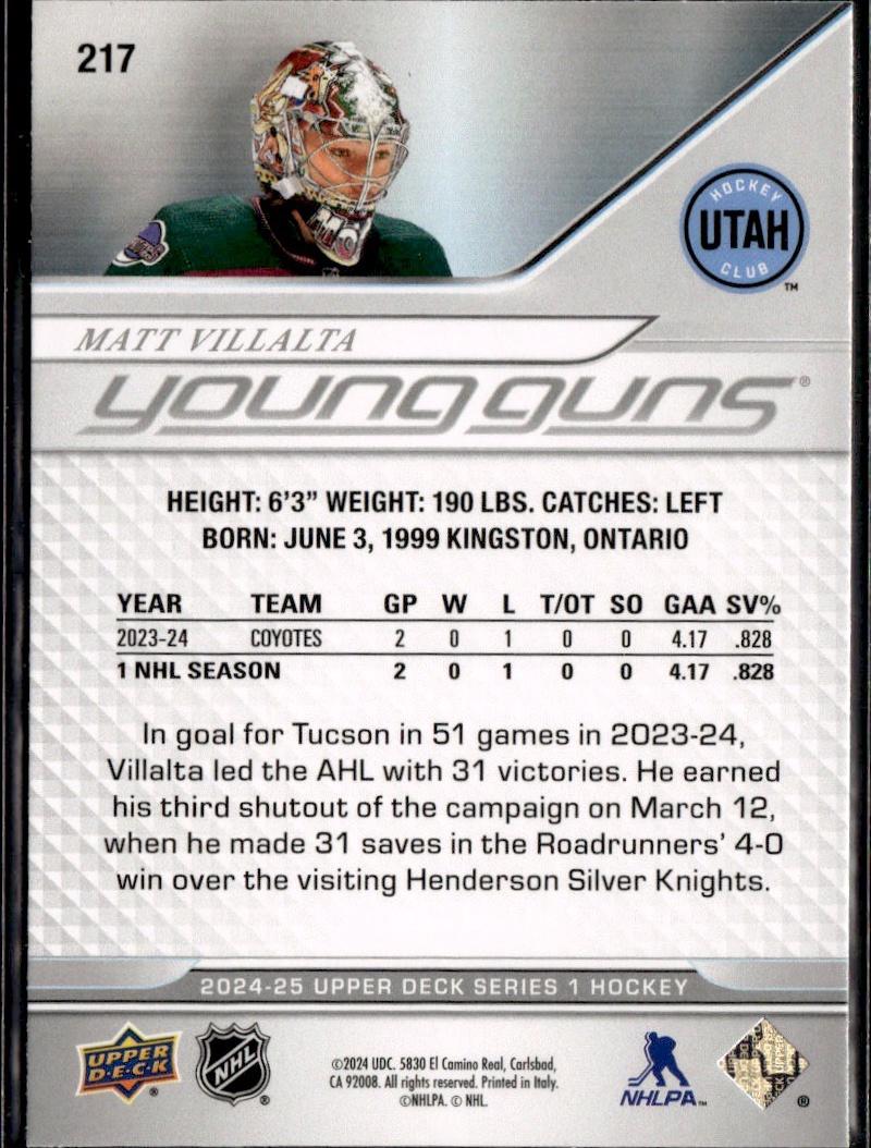 2024-25 Upper Deck Series 1 Hockey Base Young Guns #217 – Matt Villalta (Utah Hockey Club)