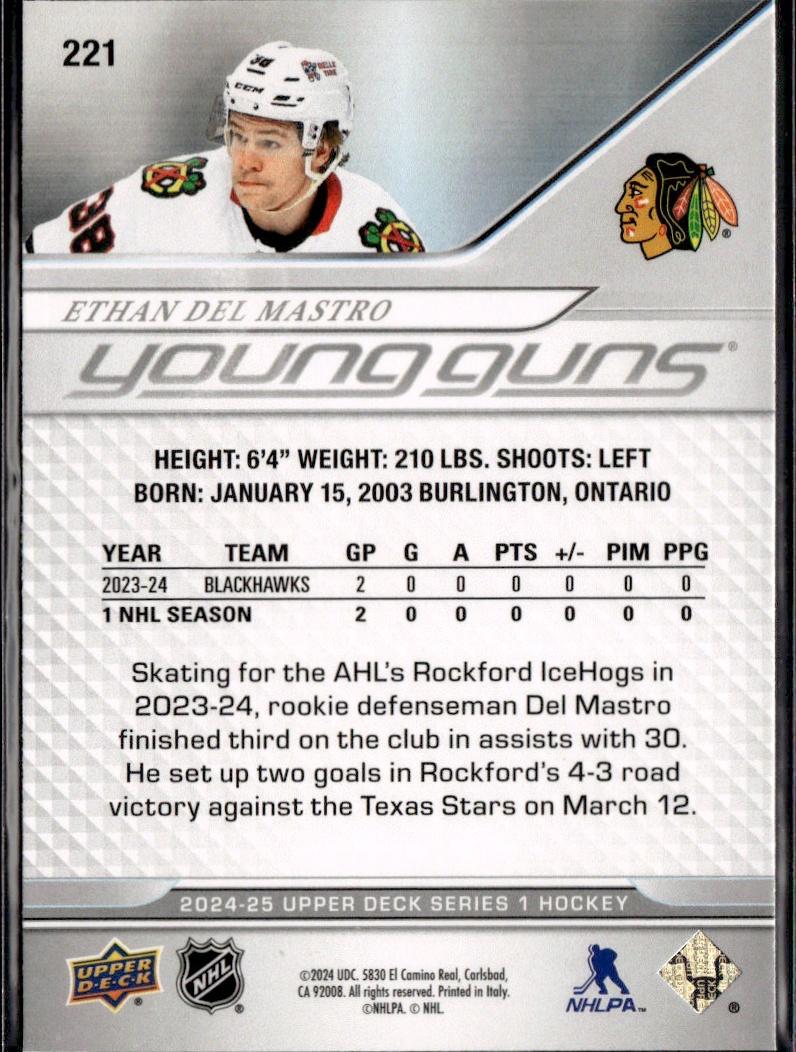 2024-25 Upper Deck Series 1 Hockey Base Young Guns #221 – Ethan Del Mastro (Chicago Blackhawks)