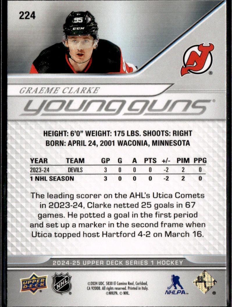 2024-25 Upper Deck Series 1 Hockey Base Young Guns #224 – Graeme Clarke (New Jersey Devils)