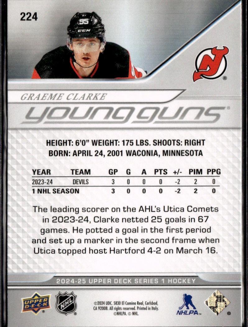 2024-25 Upper Deck Series 1 Hockey Base Young Guns #224 – Graeme Clarke (New Jersey Devils)