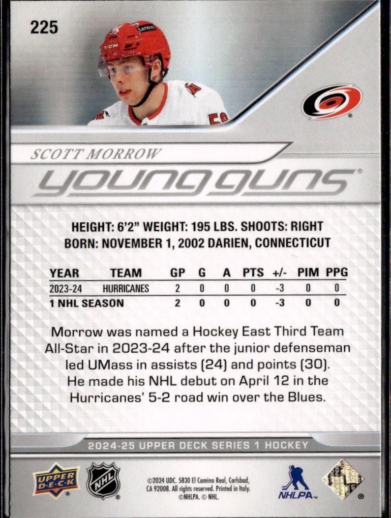 2024-25 Upper Deck Series 1 Hockey Base Young Guns #225 – Scott Morrow (Carolina Hurricanes)