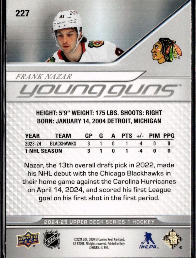 2024-25 Upper Deck Series 1 Hockey Base Young Guns #227 – Frank Nazar (Chicago Blackhawks)
