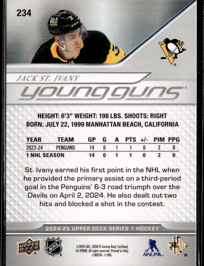 2024-25 Upper Deck Series 1 Hockey Base Young Guns #234 – Jack St. Ivany (Pittsburgh Penguins)