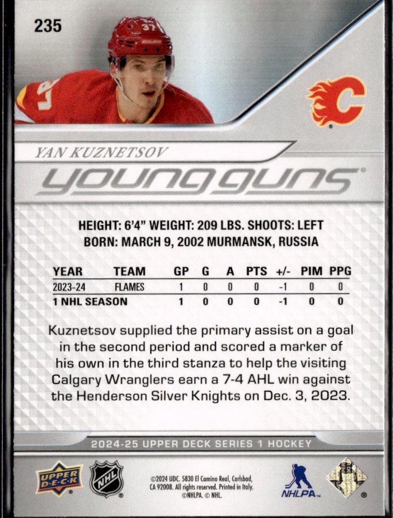 2024-25 Upper Deck Series 1 Hockey Base Young Guns #235 – Yan Kuznetsov (Calgary Flames)