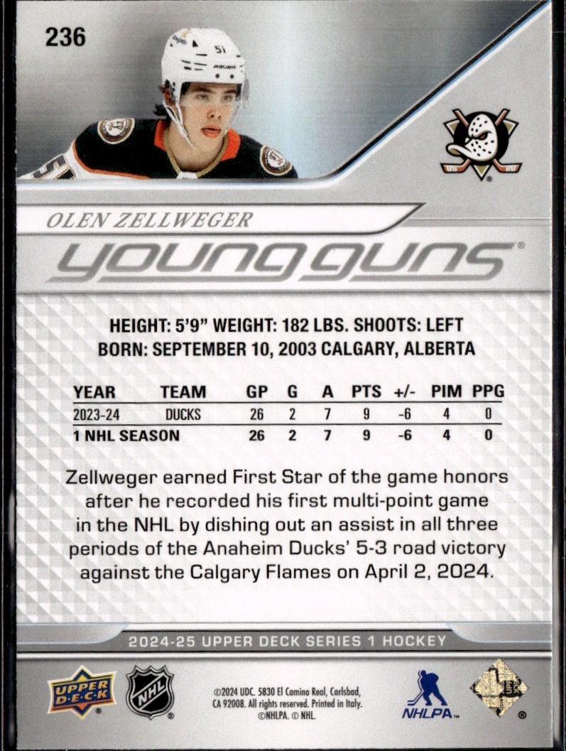 2024-25 Upper Deck Series 1 Hockey Base Young Guns #236 – Olen Zellweger (Anaheim Ducks)