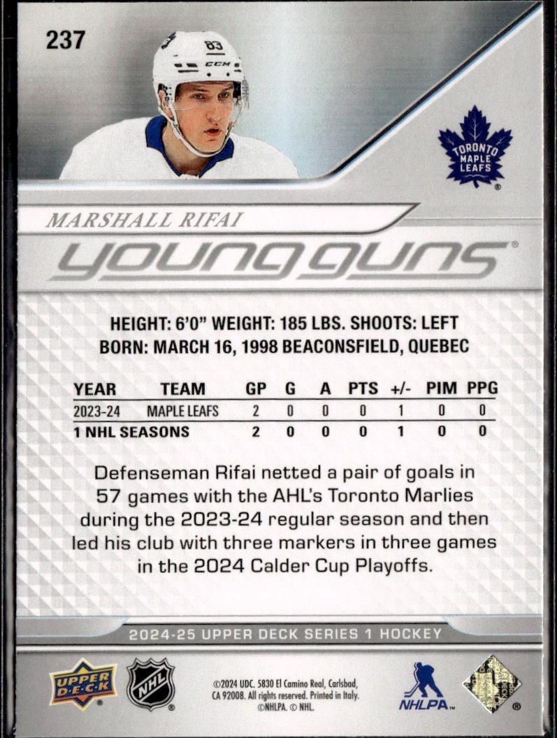 2024-25 Upper Deck Series 1 Hockey Base Young Guns #237 – Marshall Rifai (Toronto Maple Leafs)