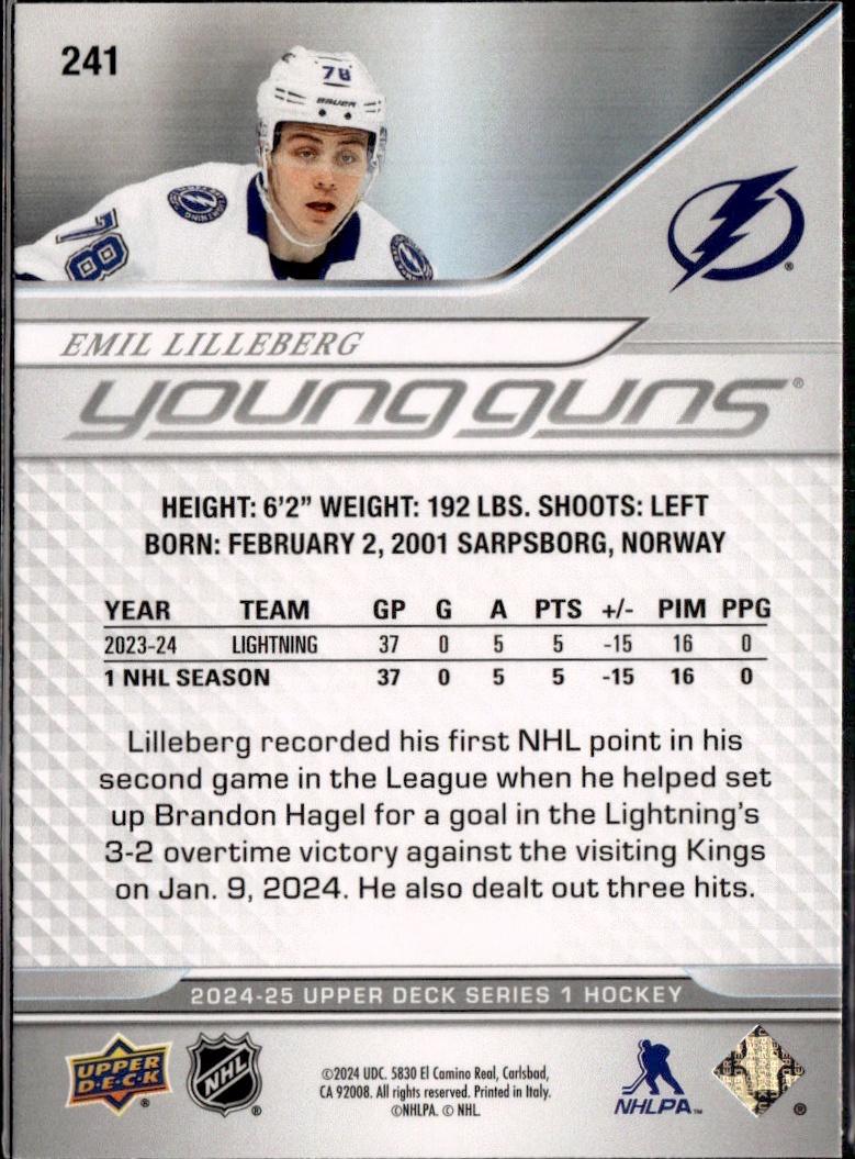 2024-25 Upper Deck Series 1 Hockey Base Young Guns #241 – Emil Lilleberg (Tampa Bay Lightning)