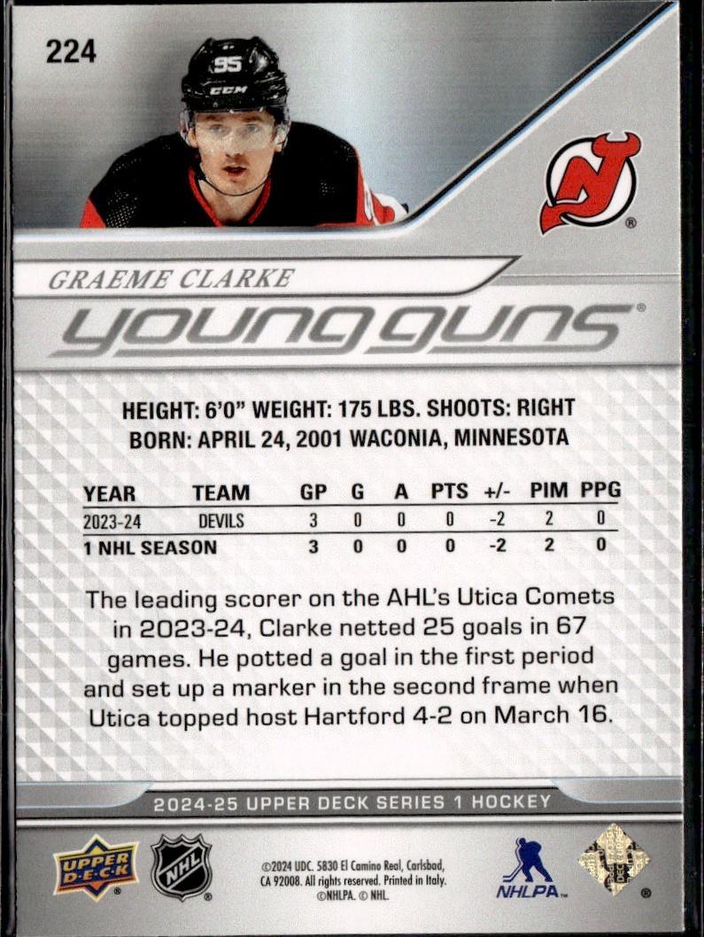 2024-25 Upper Deck Series 1 Hockey Base Young Guns #224 – Graeme Clarke (New Jersey Devils)