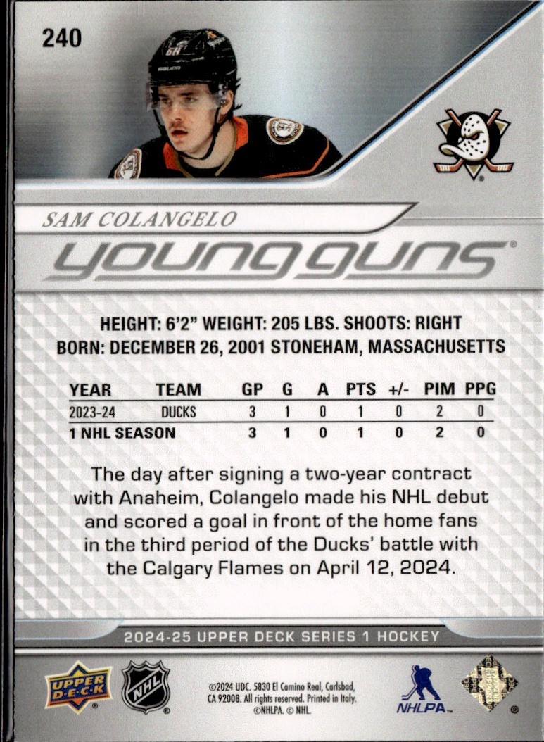 2024-25 Upper Deck Series 1 Hockey Base Young Guns #240 – Sam Colangelo (Anaheim Ducks)