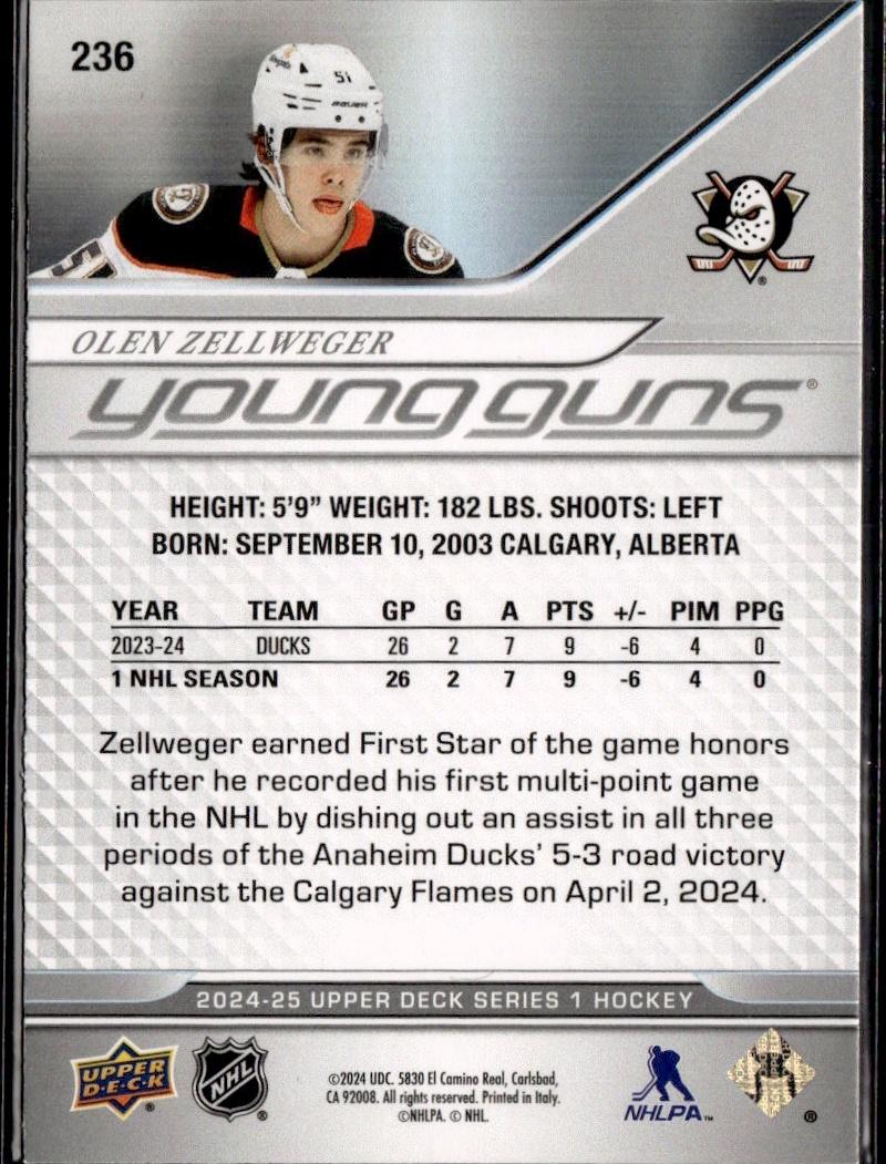 2024-25 Upper Deck Series 1 Hockey Base Young Guns #236 – Olen Zellweger (Anaheim Ducks)