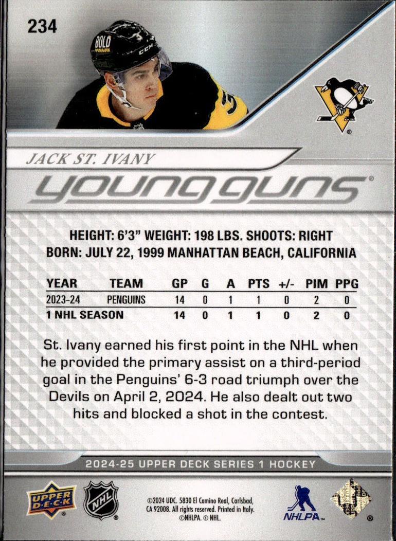 2024-25 Upper Deck Series 1 Hockey Base Young Guns #234 – Jack St. Ivany (Pittsburgh Penguins)