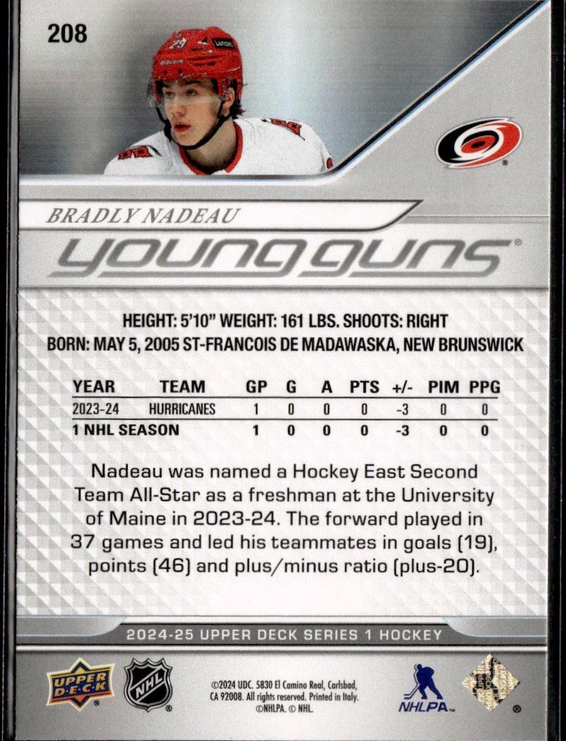 2024-25 Upper Deck Series 1 Hockey Base Young Guns #208 – Bradly Nadeau (Carolina Hurricanes)