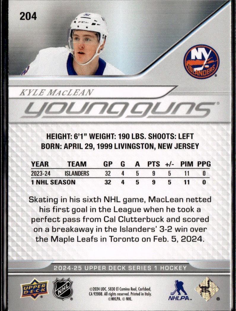 2024-25 Upper Deck Series 1 Hockey Base Young Guns #204 – Kyle MacLean (New York Islanders)