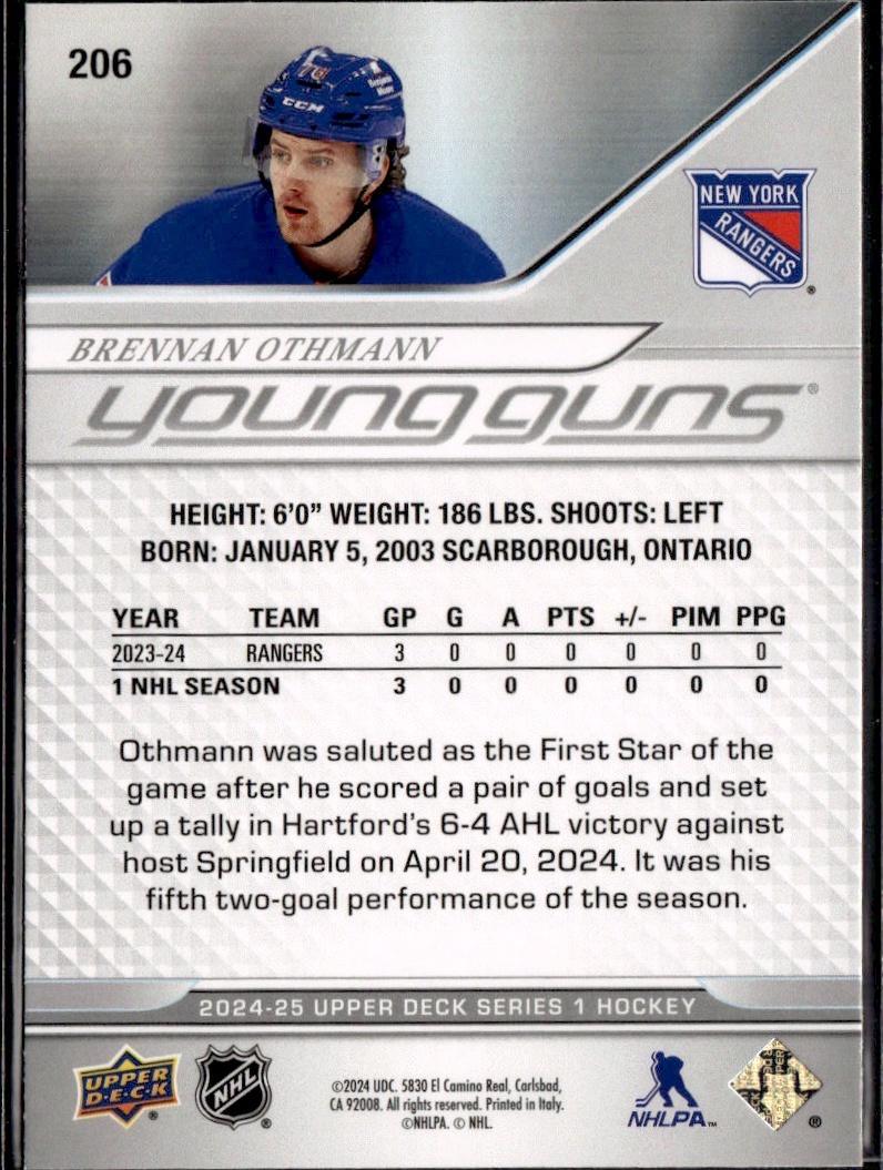 2024-25 Upper Deck Series 1 Hockey Base Young Guns #206 – Brennan Othmann (New York Rangers)