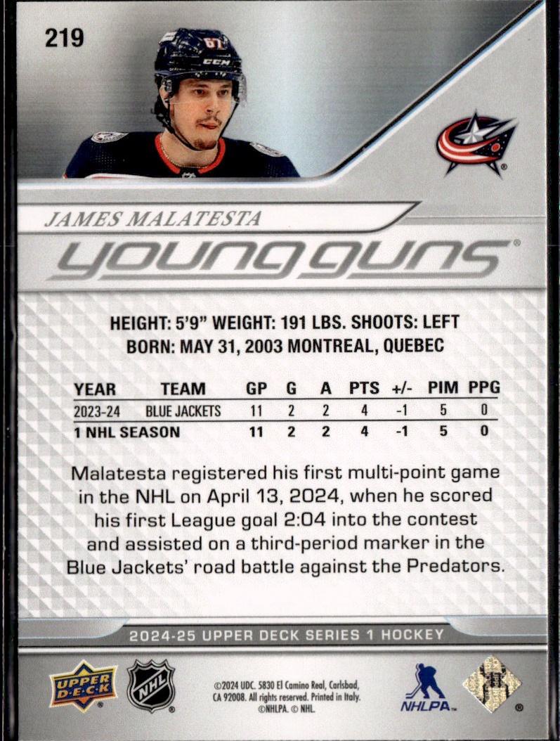 2024-25 Upper Deck Series 1 Hockey Base Young Guns #219 – James Malatesta (Columbus Blue Jackets)