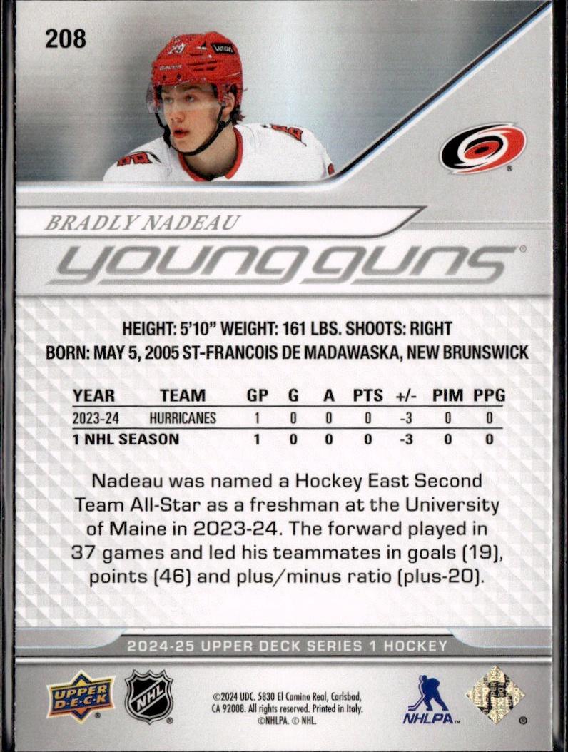 2024-25 Upper Deck Series 1 Hockey Base Young Guns #208 – Bradly Nadeau (Carolina Hurricanes)