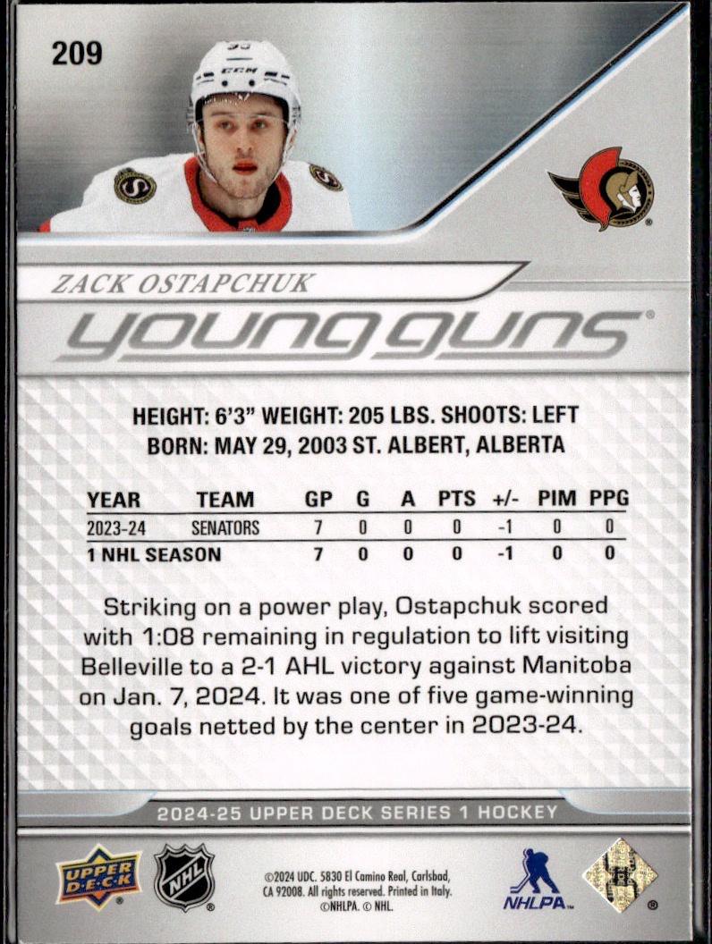2024-25 Upper Deck Series 1 Hockey Base Young Guns #209 – Zack Ostapchuk (Ottawa Senators)
