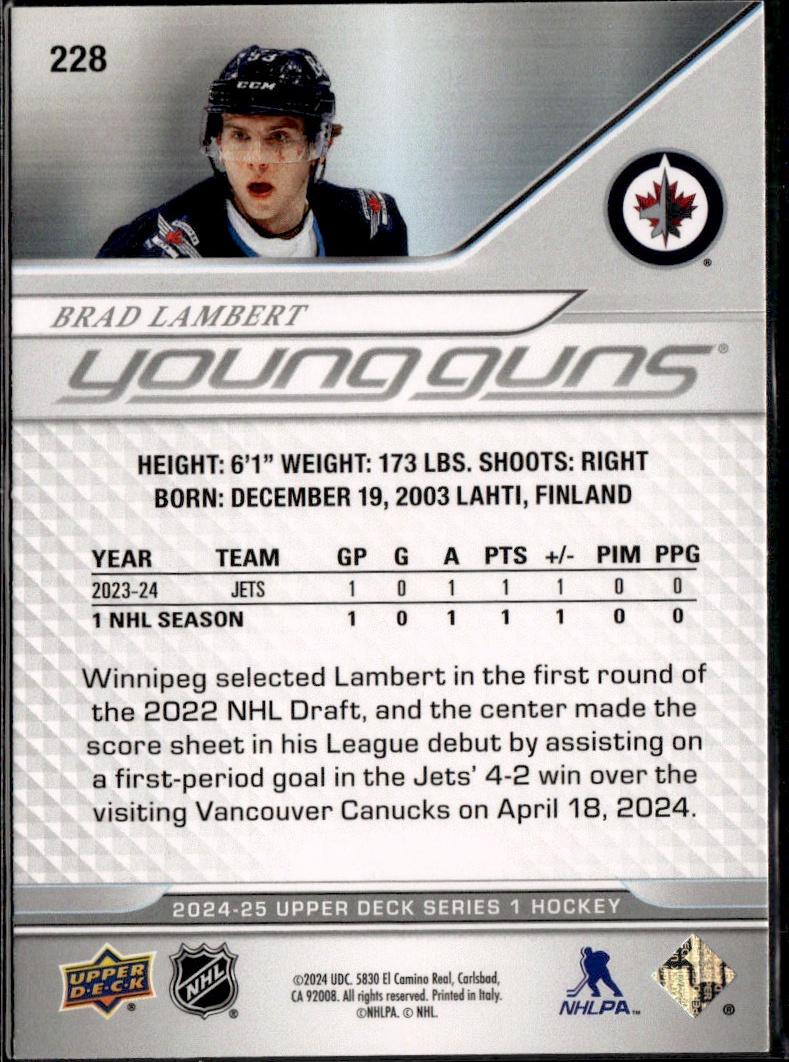 2024-25 Upper Deck Series 1 Hockey Base Young Guns #228 – Brad Lambert (Winnipeg Jets)