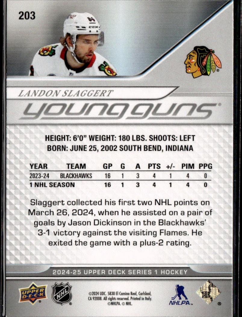 2024-25 Upper Deck Series 1 Hockey Base Young Guns #203 – Landon Slaggert (Chicago Blackhawks)