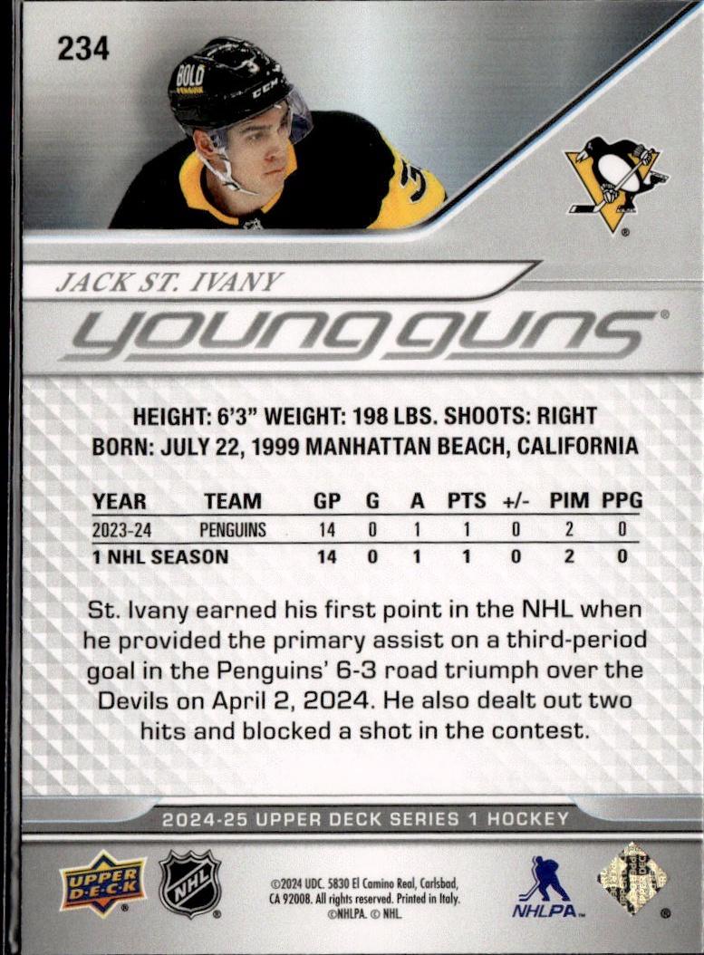 2024-25 Upper Deck Series 1 Hockey Base Young Guns #234 – Jack St. Ivany (Pittsburgh Penguins)