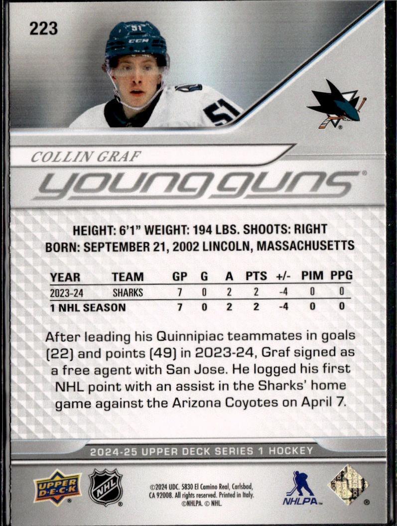 2024-25 Upper Deck Series 1 Hockey Base Young Guns #223 – Collin Graf (San Jose Sharks)
