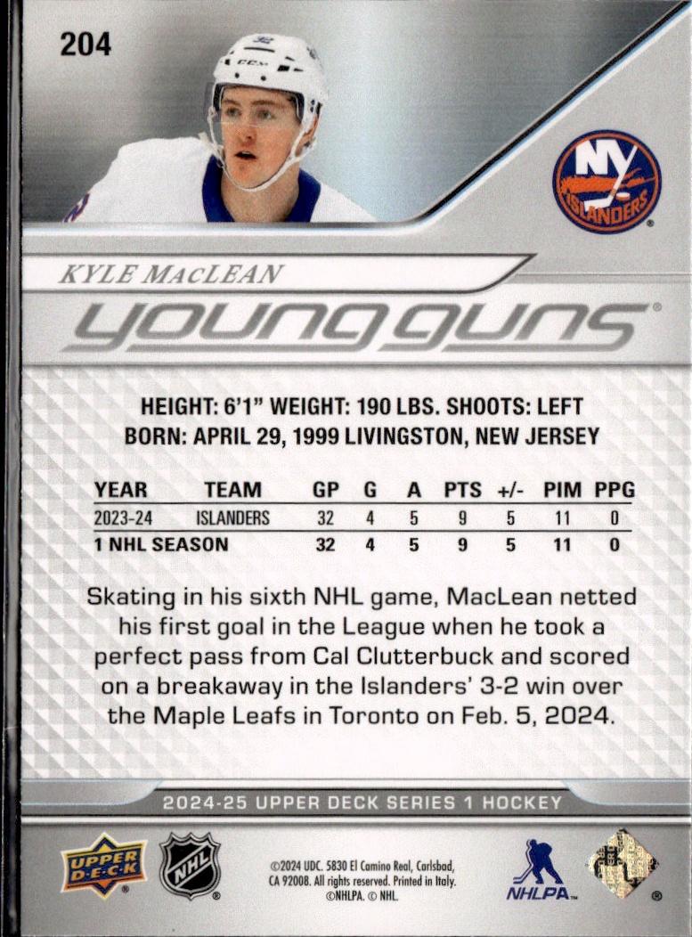 2024-25 Upper Deck Series 1 Hockey Base Young Guns #204 – Kyle MacLean (New York Islanders)