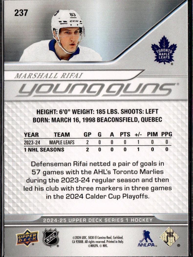 2024-25 Upper Deck Series 1 Hockey Base Young Guns #237 – Marshall Rifai (Toronto Maple Leafs)