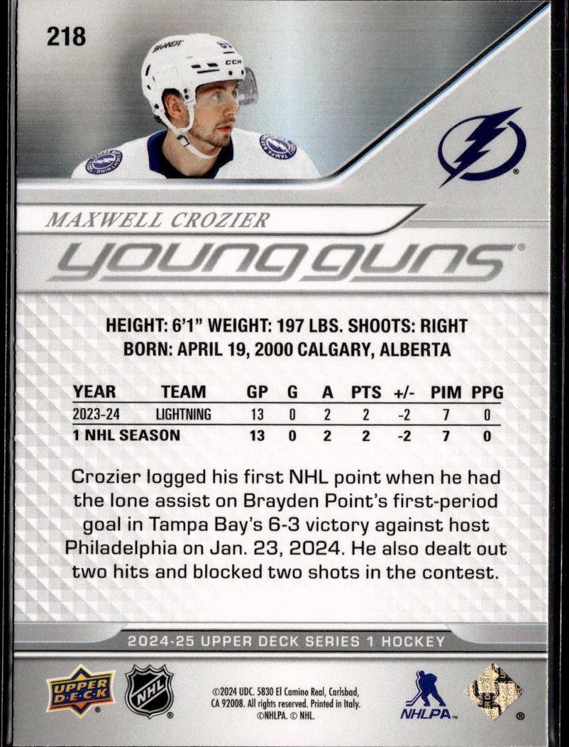 2024-25 Upper Deck Series 1 Hockey Base Young Guns #218 – Maxwell Crozier (Tampa Bay Lightning)