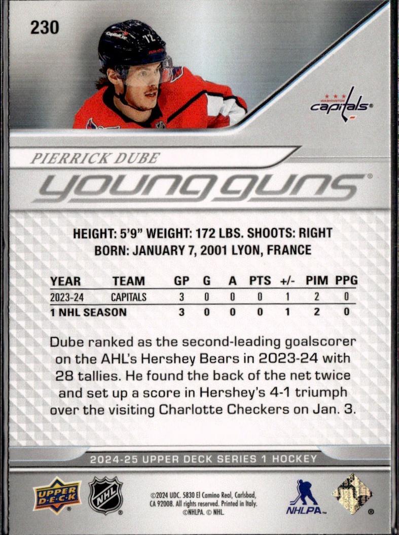 2024-25 Upper Deck Series 1 Hockey Base Young Guns #230 – Pierrick Dube (Washington Capitals)