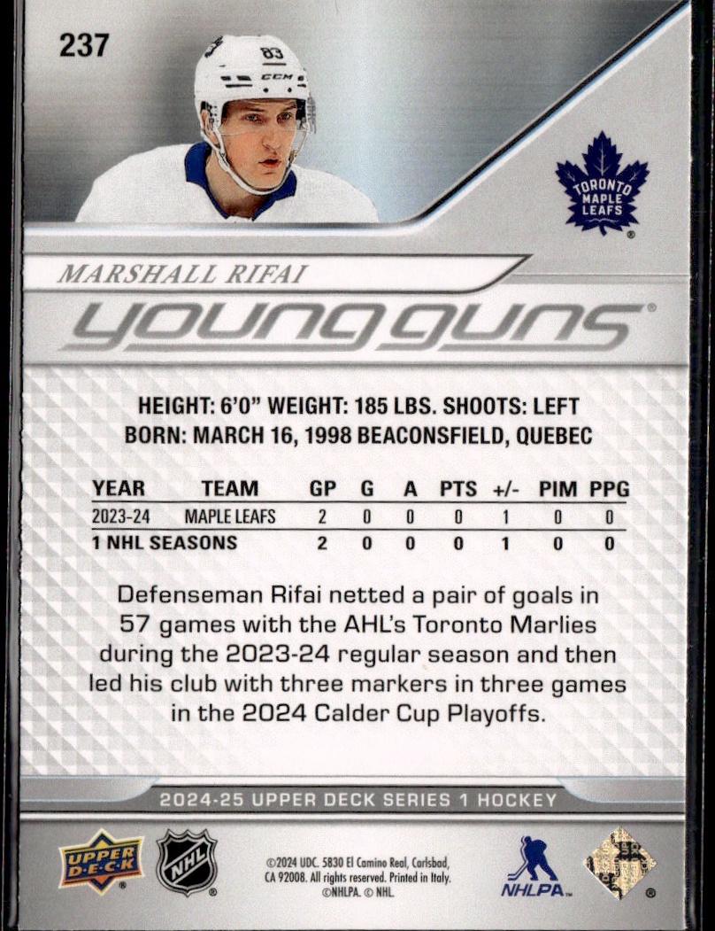 2024-25 Upper Deck Series 1 Hockey Base Young Guns #237 – Marshall Rifai (Toronto Maple Leafs)