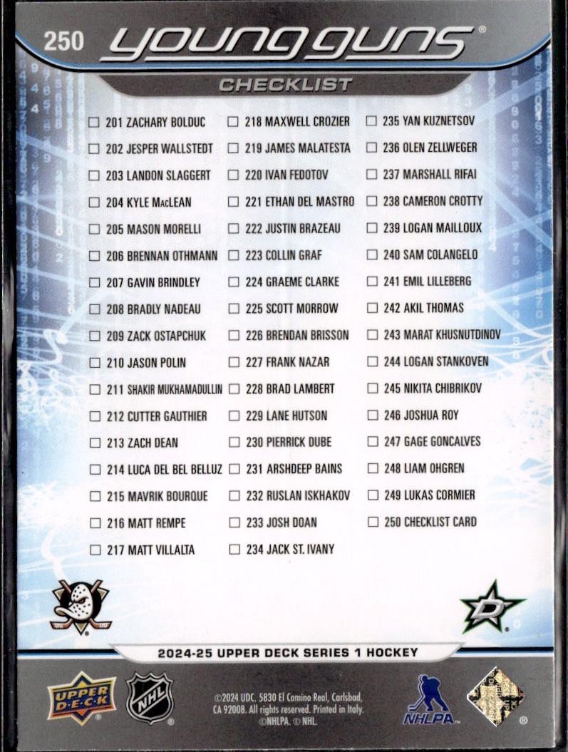 2024-25 Upper Deck Series 1 Hockey Base Young Guns #250 – Young Guns Checklist (Cutter Gauthier / Logan Stankoven) YG, CL (Checklist)