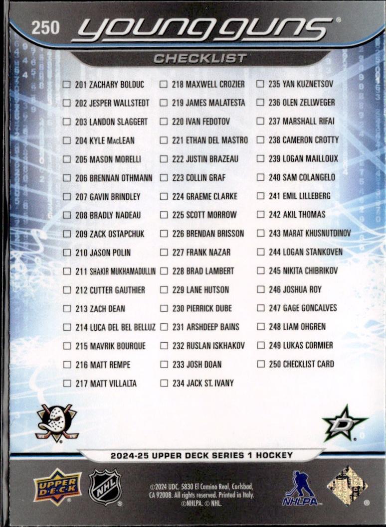 2024-25 Upper Deck Series 1 Hockey Base Young Guns #250 – Young Guns Checklist (Cutter Gauthier / Logan Stankoven) YG, CL (Checklist)