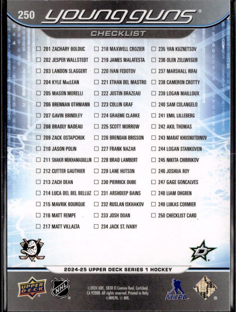 2024-25 Upper Deck Series 1 Hockey Base Young Guns Exclusive /100 #250 – Cutter Gauthier / Logan Stankoven YG, CL, SN100 (Checklist)