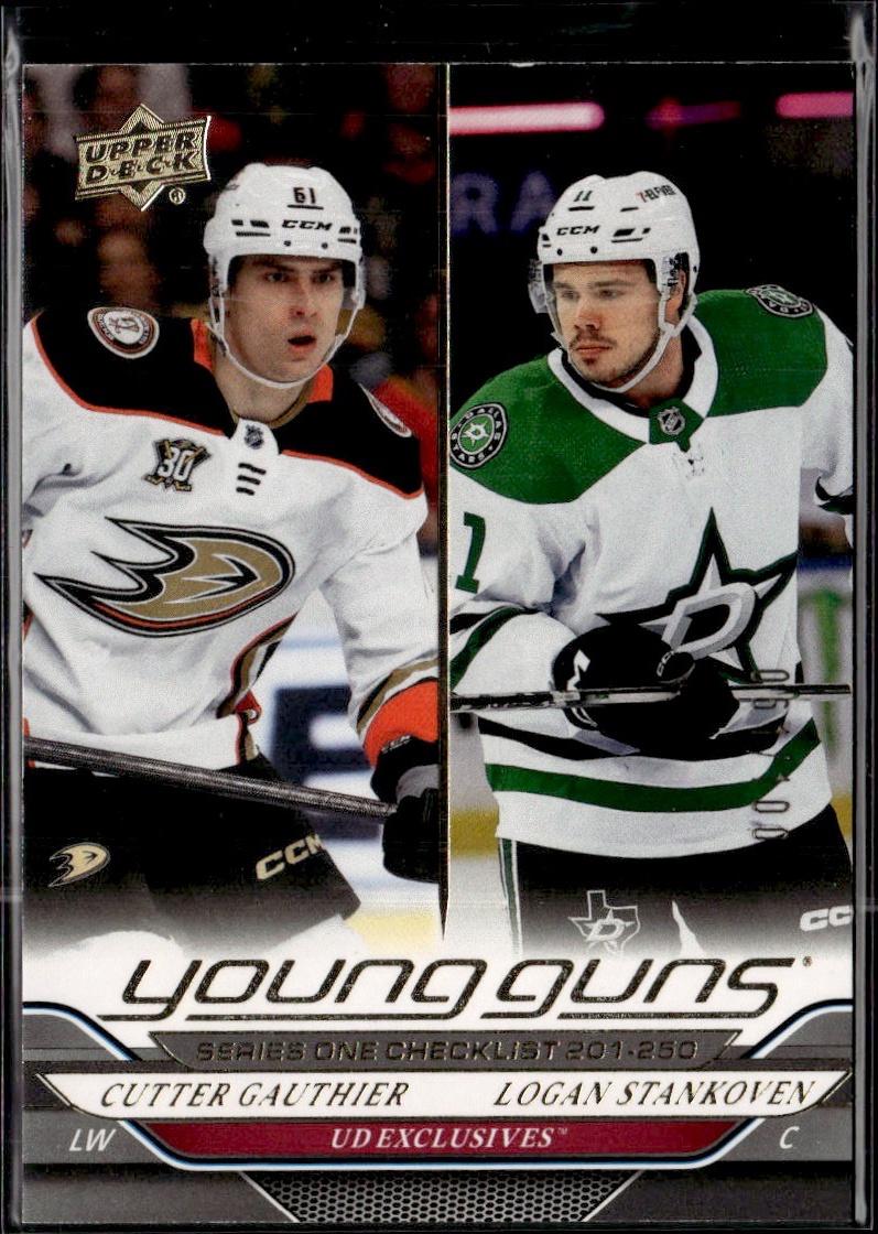 2024-25 Upper Deck Series 1 Hockey Base Young Guns Exclusive /100 #250 – Cutter Gauthier / Logan Stankoven YG, CL, SN100 (Checklist)