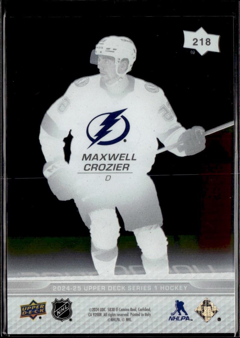 2024-25 Upper Deck Series 1 Hockey Base Young Guns Clear Cut #218 – Maxwell Crozier (Tampa Bay Lightning)