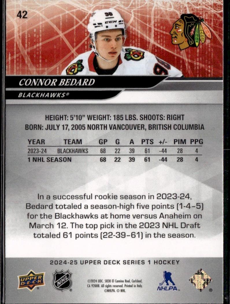 2024-25 Upper Deck Series 1 Hockey Base #42 – Connor Bedard (Chicago Blackhawks)