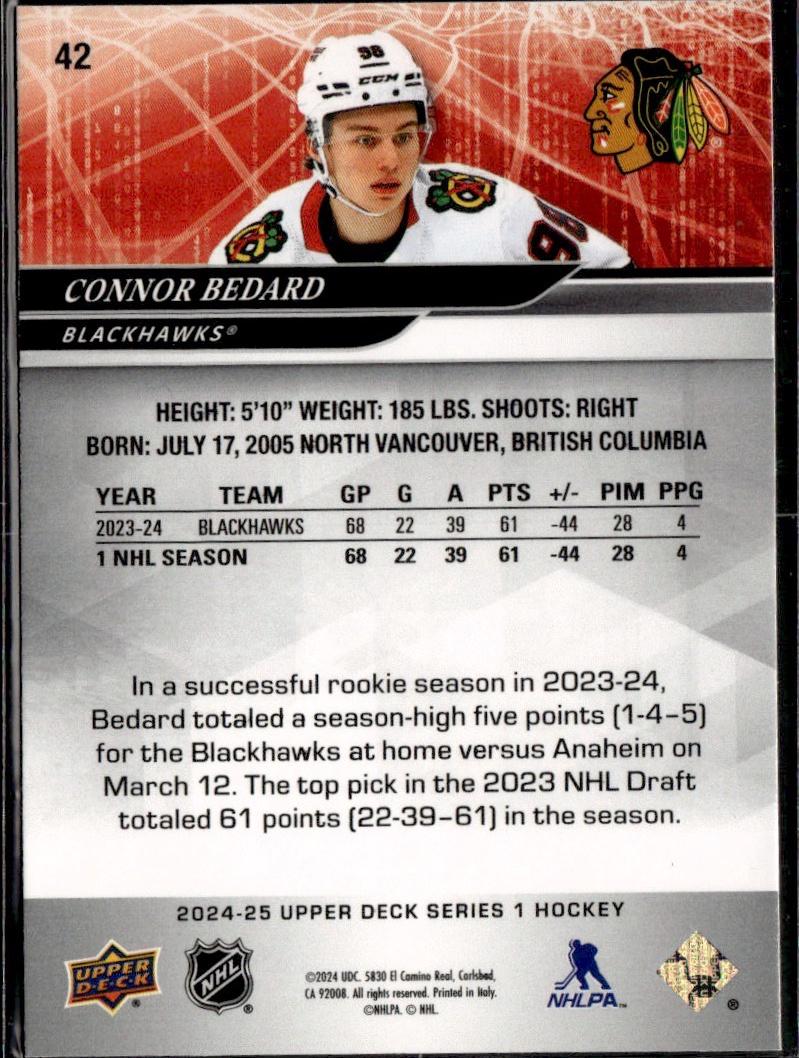 2024-25 Upper Deck Series 1 Hockey Base #42 – Connor Bedard (Chicago Blackhawks)